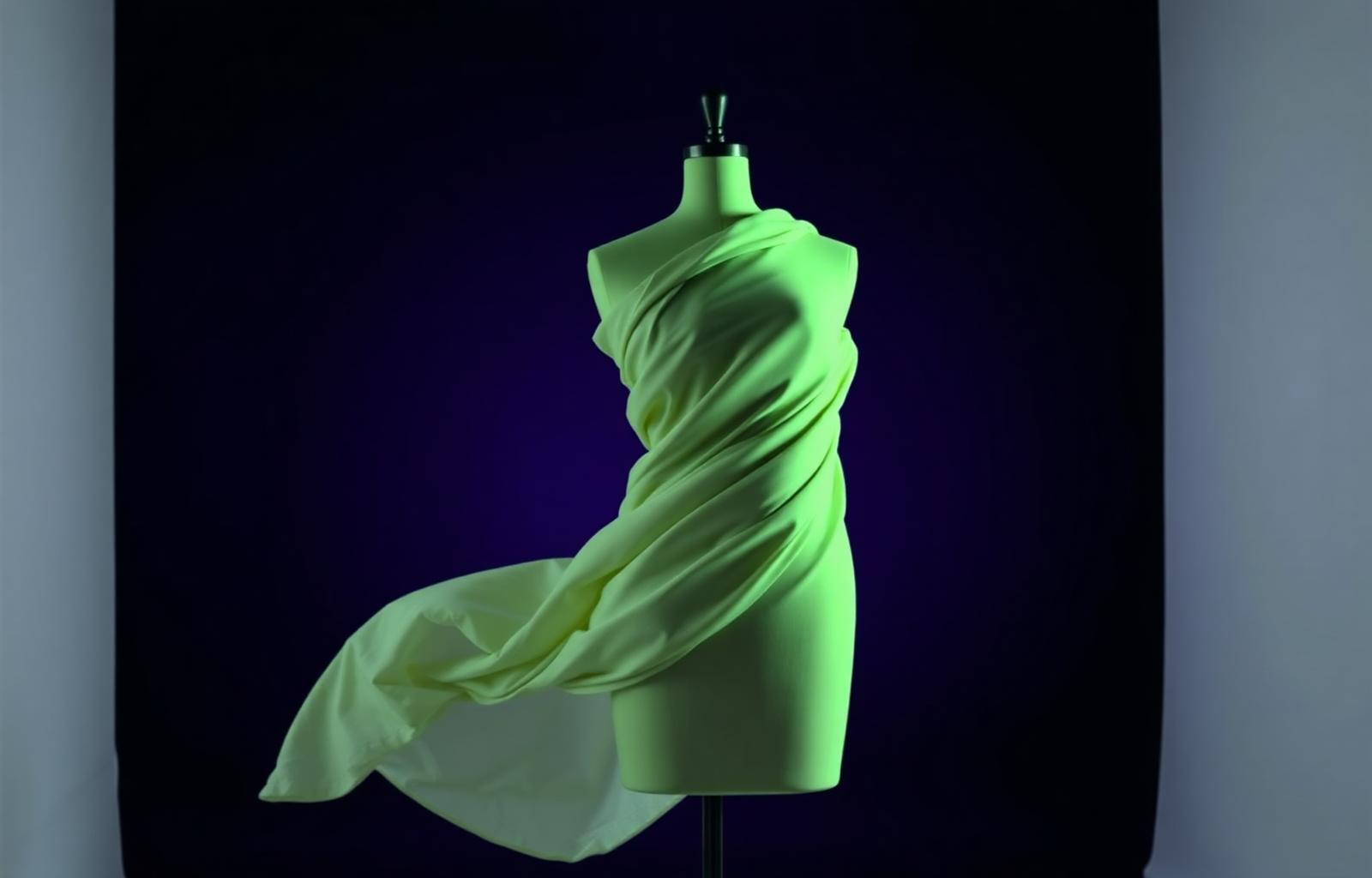 Sculptural draped textile lit by a single lime spotlight