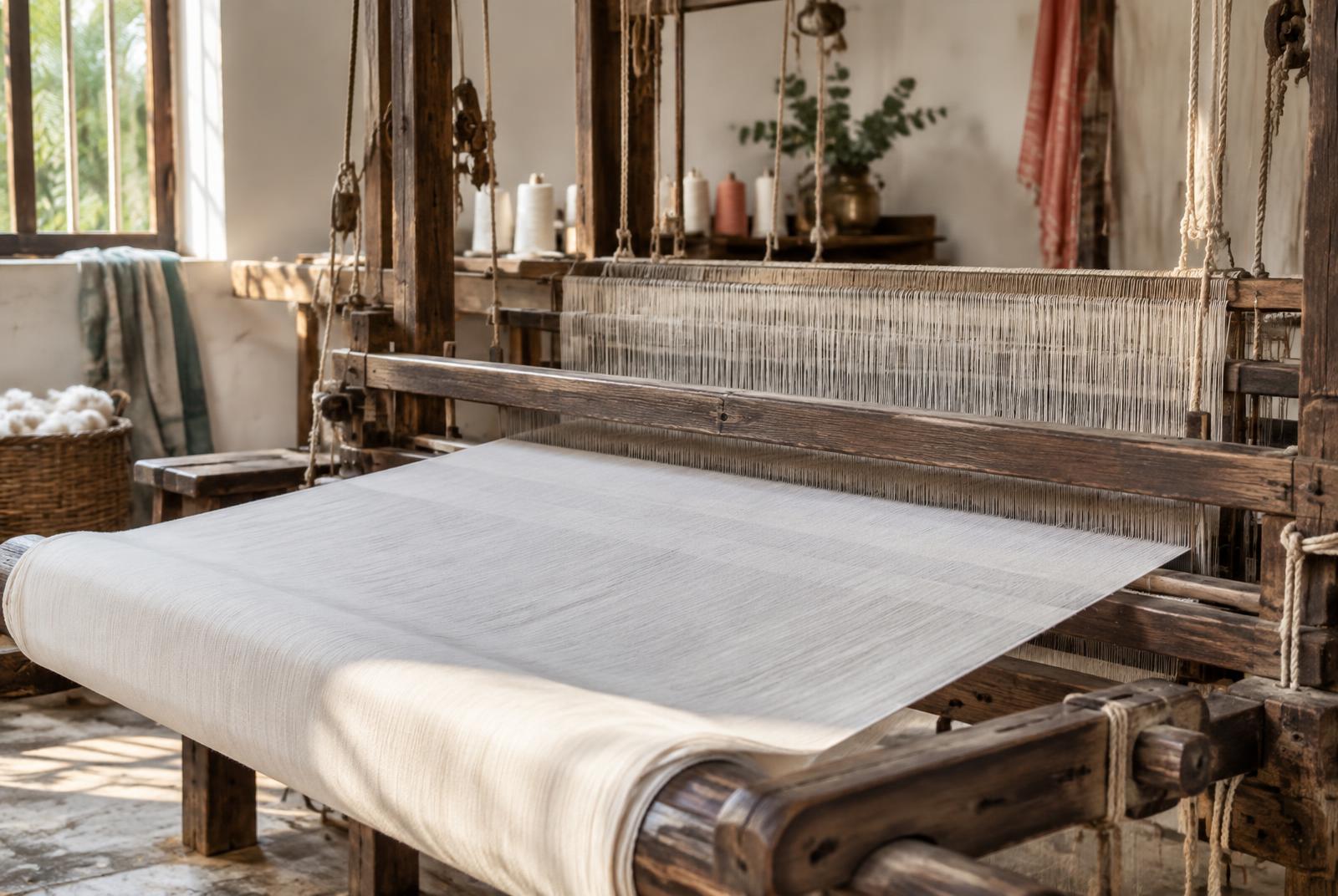 White cotton fabric being woven on a traditional wooden loom